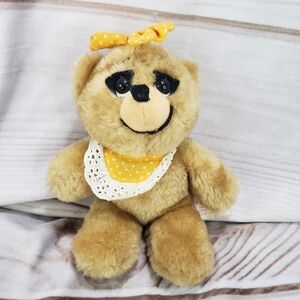 Animal Fair Baby Girl Teddy Bear Stuffed Toy Orange Bib Bow 6.5 Inch 1970s